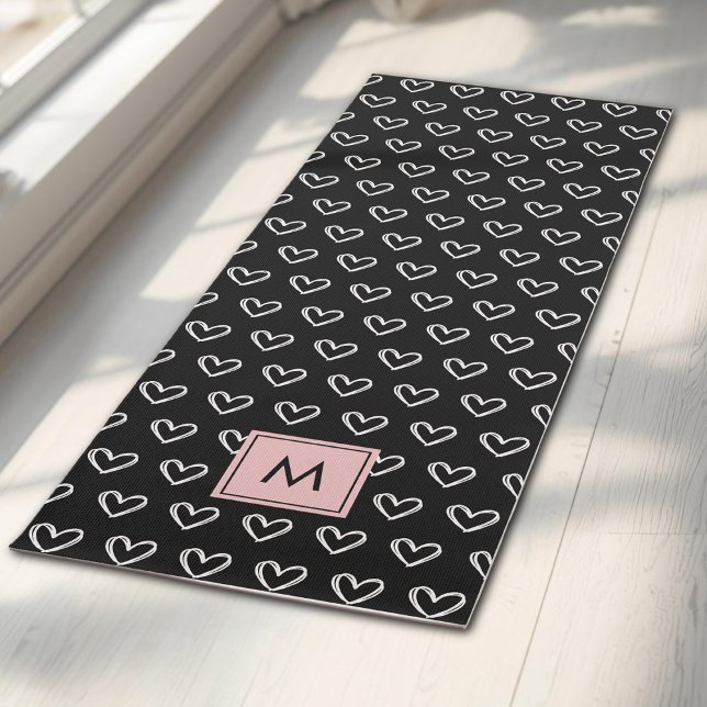 Tapete De Yoga Monogram Pink and Black Heart Pattern  (Criador carregado)
