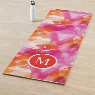 Tapete De Yoga Monograma Aquarela Rosa Laranja Abstrato