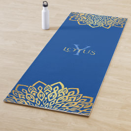 Tapete De Yoga Monograma Azul Dourado de Mandala Marinho