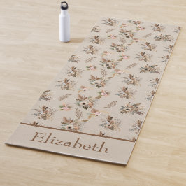 Tapete De Yoga Monograma Boho Bege Marrom Floral Botânico Grama