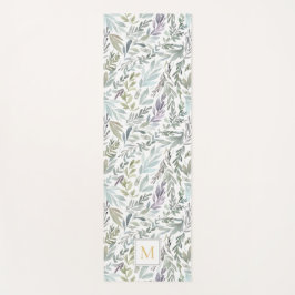 Tapete De Yoga Monograma Botânico Elegante em Aquarela Verde
