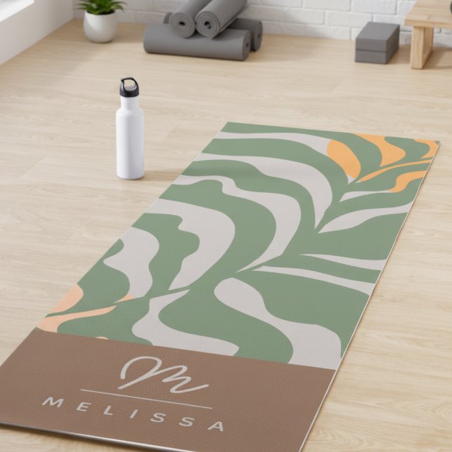 Tapete De Yoga Monograma castanho Abstrato Boho Verde Cinza moder (Criador carregado)