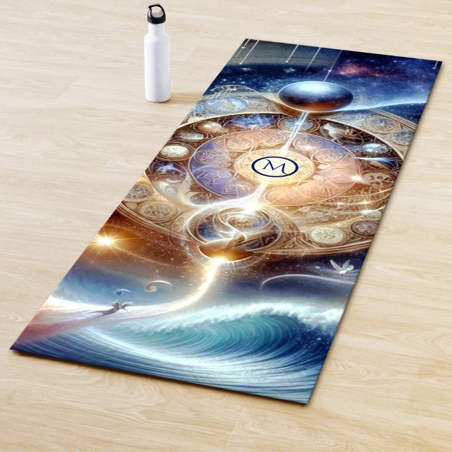 Tapete De Yoga Monograma Celestial de Onda Espiritual (Yoga mat featuring a fantasy painting of a spiritual scene with ocean wave and celestial elements)