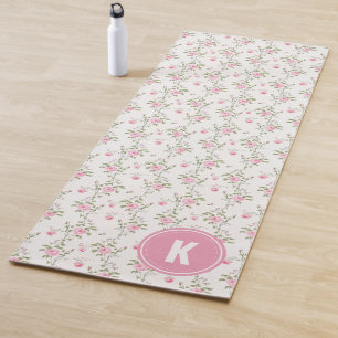 Tapete De Yoga Monograma com Padrão de Flores de Rosas Cor-de-Ros