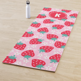 Tapete De Yoga Monograma com padrão floral de morangos vermelhos