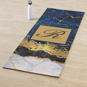 Tapete De Yoga Monograma de Agitação Dourada Azul Marinho Marbl
