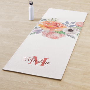 Tapete De Yoga Monograma de cor de água do padrão floral roxo mod