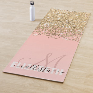 Tapete De Yoga Monograma de Gradiente Rosa Rosa Confetti Dourado