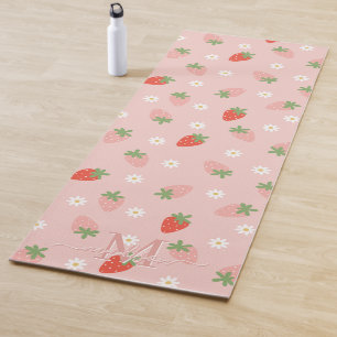 Tapete De Yoga Monograma de Morangos Vermelhos e Rosa