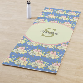 Tapete De Yoga Monograma de Nome Floral Azul Pastel Aquarela