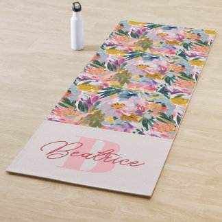 Tapete De Yoga Monograma de Nome Floral de Abstrato Rosa Elegante