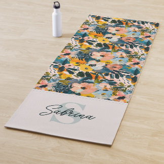 Tapete De Yoga Monograma de Nome Floral na moda Azul e Abstrato R