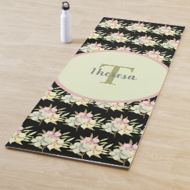 Tapete De Yoga Monograma de Nome Floral Preto Pastel Aquarela