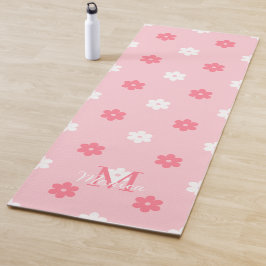 Tapete De Yoga Monograma de nome personalizado floral branco rosa