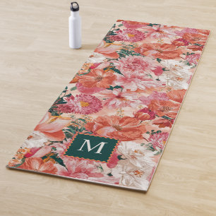 Tapete De Yoga Monograma de Padrão Floral Cor-de-Rosa Laranja
