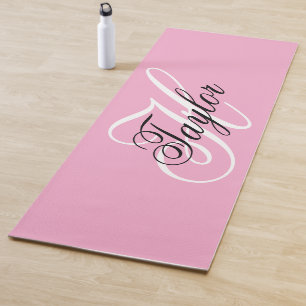 Tapete De Yoga Monograma Elegante Preto e Branco Rosa