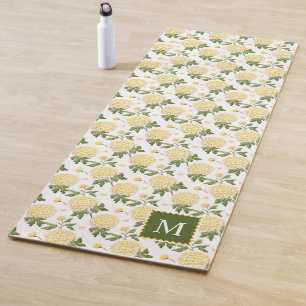 Tapete De Yoga Monograma Floral de Hydragea Amarela Elegante