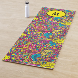 Tapete De Yoga Monograma Floral Moderno de Ioga Turquesa Amarela