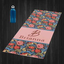 Tapete De Yoga Monograma Floral Rosa Azul Estilo William Morris
