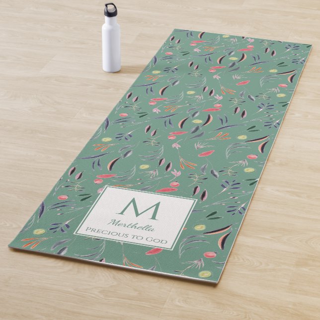 Tapete De Yoga Monograma Floral Verde Teal Personalizado