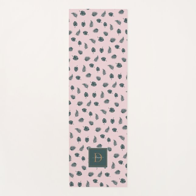 Tapete De Yoga Monograma Monstera Palm Green Folaves com Nome (Frente)