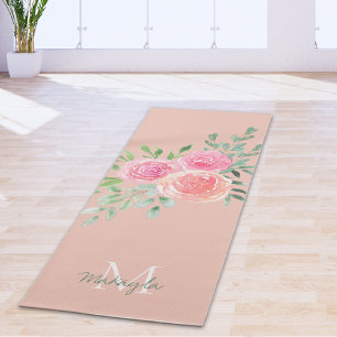 Tapete De Yoga Monograma Nome Aquarela Floral Rosa