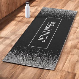 Tapete De Yoga Monograma Nome Brilho Glitter Preto Prata