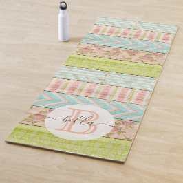 Tapete De Yoga Monograma Nome Shabby Rosas em algodão de madeira