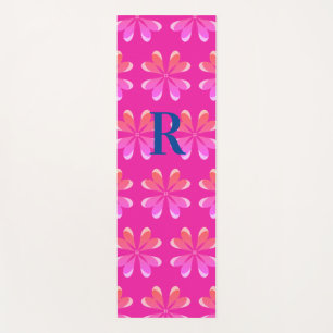 Tapete De Yoga Monograma Padrão Inicial de Flor Retro Rosa Quente