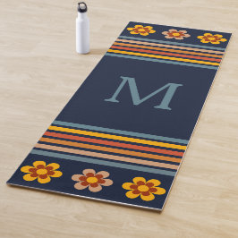 Tapete De Yoga Monograma personalizado azul naval floral retrô