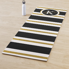 Tapete De Yoga Monograma Personalizado de Stripes Negras e Dourad