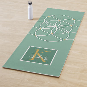 Tapete De Yoga Monograma Semente de Vida Ouro Verde Branco