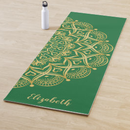 Tapete De Yoga Monogramas Boho Elegante Mandala Verde e Dourado