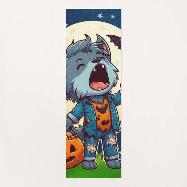 Tapete De Yoga Monstro lobo mau uivando fofo com abóbora (Frente)