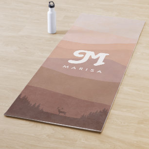 Tapete De Yoga Montanhas Boho Monograma e Floresta Rosa