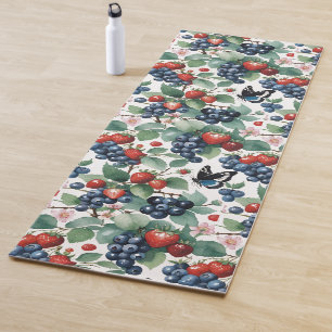 Tapete De Yoga Morangos Airelas e Borboletas Floral