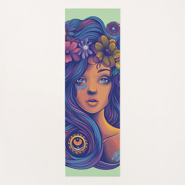 Tapete De Yoga Mulher Boho Fantasy com Cabelo Floral (Frente)