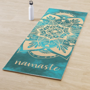 Tapete De Yoga Namaste Dourado Flor de Turquesa Mandala