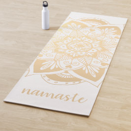 Tapete De Yoga Namaste Dourado Flor Mandala Branco