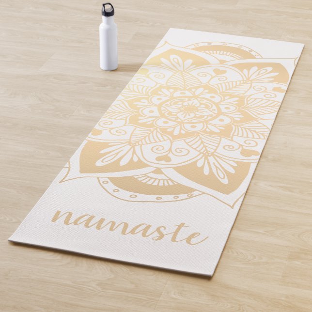 Tapete De Yoga Namaste Dourado Flor Mandala Branco (In Situ)