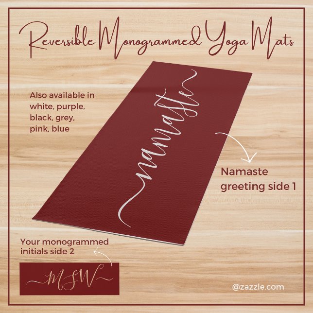 Tapete De Yoga Namaste Monograma inicial Maroon Burgundy Reversib (Reversible personalized monogrammed initials maroon burgundy yoga mat. Gift her good health.)
