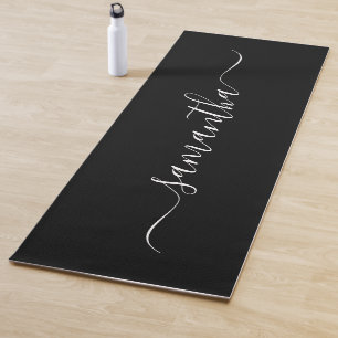 Tapete De Yoga Nome com Assinatura Elegante Preto e Branco