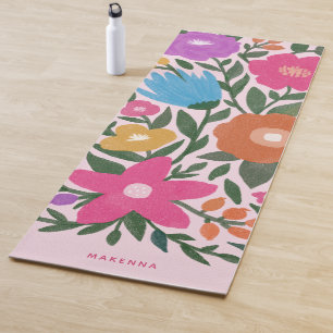Tapete De Yoga Nome de Florais Coloridos em Frio Bonito Rosa