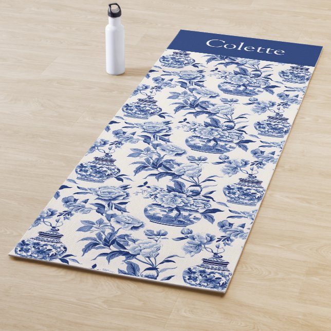Tapete De Yoga Nome de Monograma Chinoiserie Azul (In Situ)