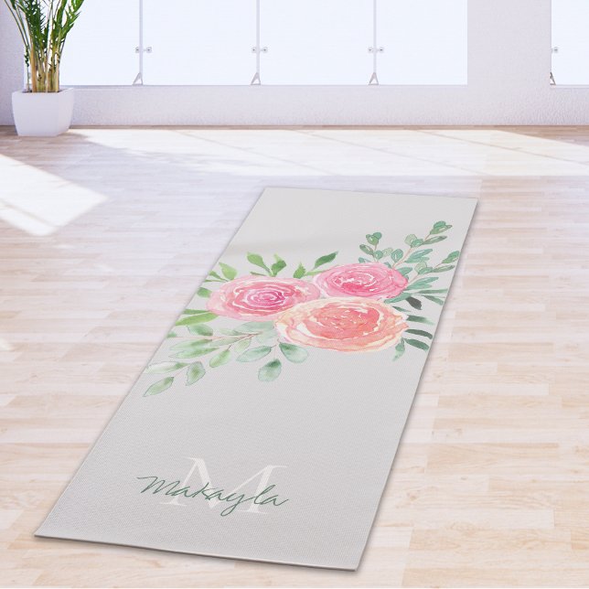 Tapete De Yoga Nome do Monograma Cinza Floral de Aquarela (Criador carregado)