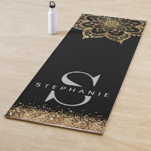 Tapete De Yoga nome do monograma personalizado de mandala dourada