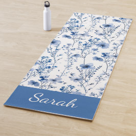 Tapete De Yoga Nome Floral de Flores Silvestres de Aquarela Azul
