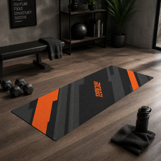 Tapete De Yoga Nome Geométrico Laranja Preto Moderno Esportes