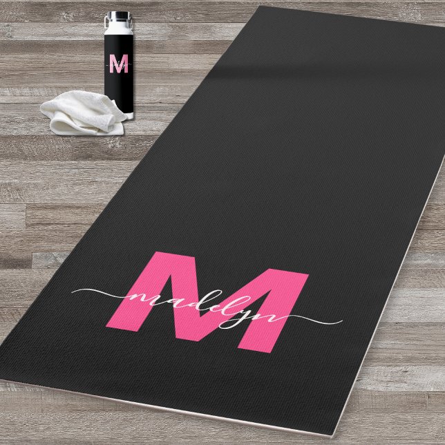 Tapete De Yoga Nome Girassol Monograma Preto Rosa (Girly Name Monogram Black Pink Yoga Mat)