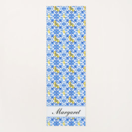 Tapete De Yoga Nome Monograma Aquarela Limão Amarelo Azulejo Azul